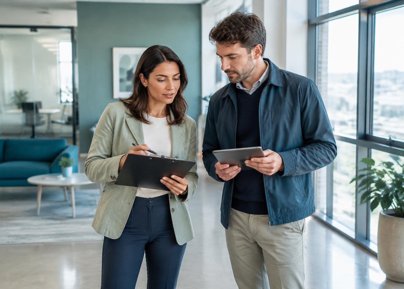 Una professionista e un professionista consultano una checklist durante un sopralluogo